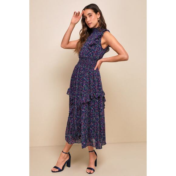 Lulus Evalina Navy Blue Floral Print Mock Neck Sleeveless Ruffle Midi Dress - Picture 1 of 12